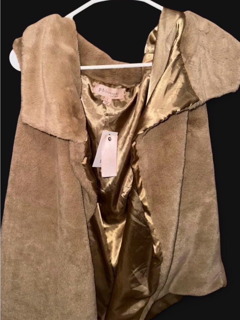 Philosophy Taupe Faux Fur Hooded Vest with Satin Lining